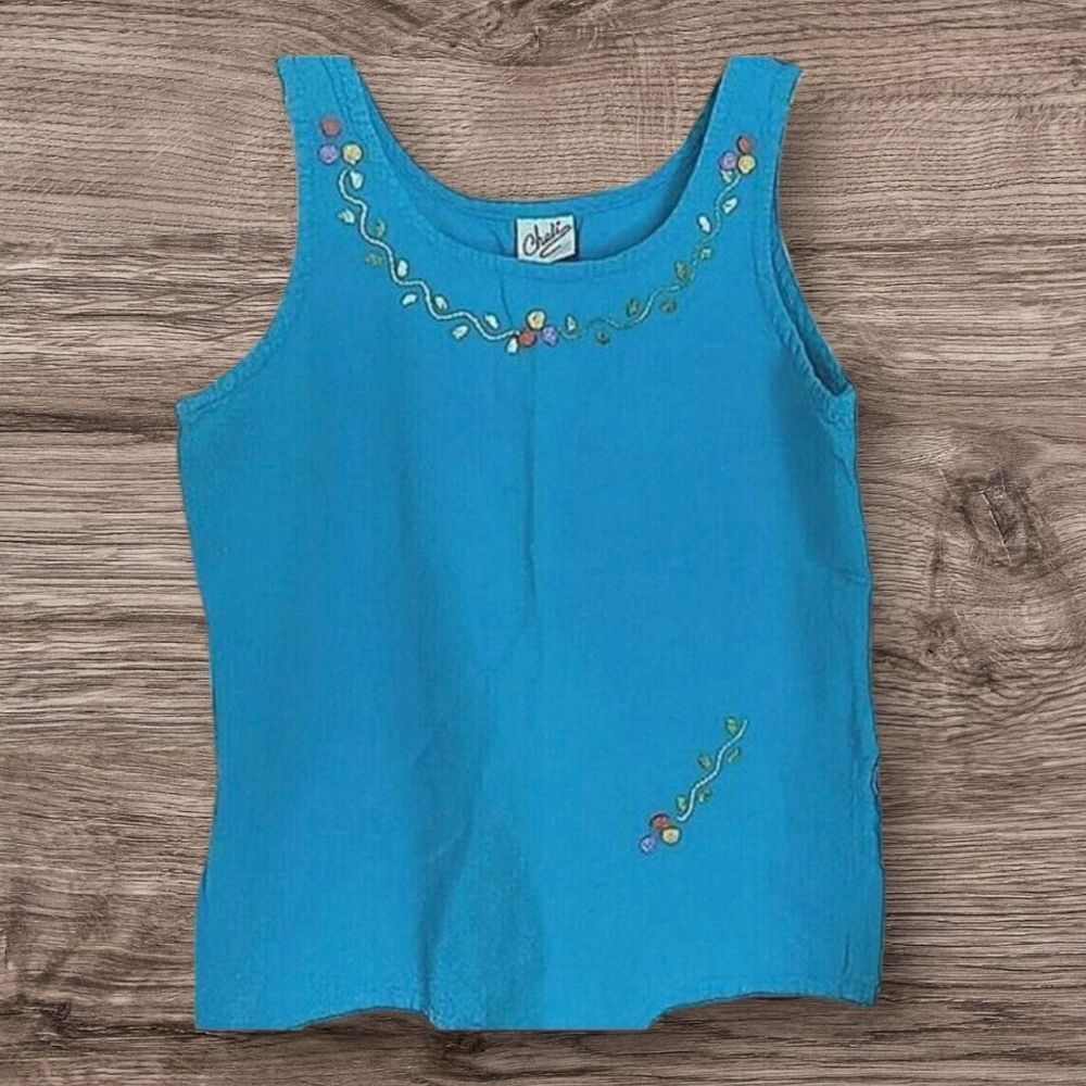 Chali Vintage Deep Turquoise Embroidered Cotton Wide Strap Tank Top size M